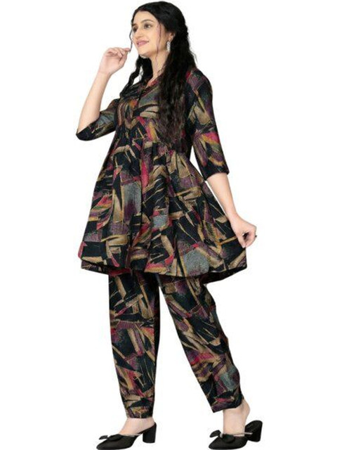 Clothes Kartel Printed Shirt Collar Peplum Tunic And Trouser