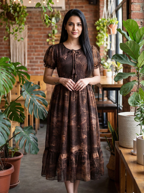 SZN Women Printed Puff Sleeve Georgette A-Line Midi Dress