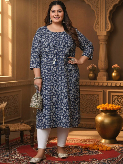 Sztori Floral Printed Cotton Round Neck Kurta