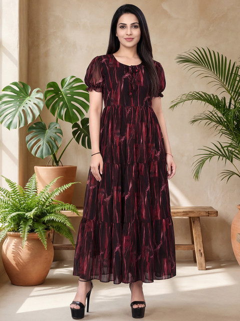 SZN Print Puff Sleeve Georgette Maxi Dress