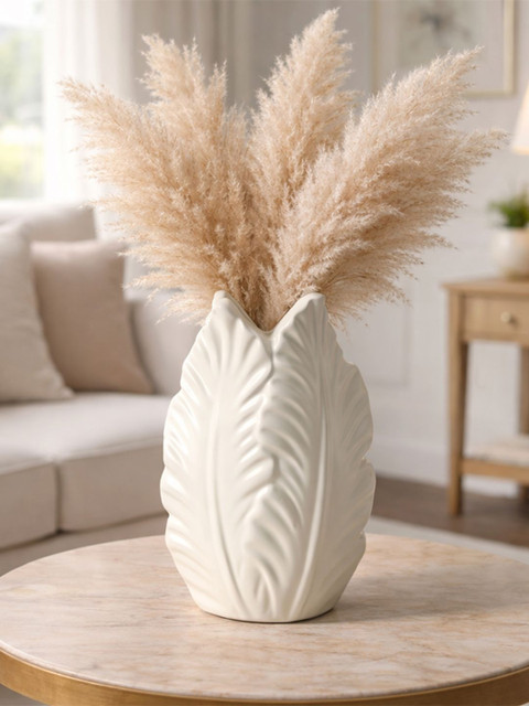 Art Street Elegant White Leaf Design Ceramic for Home Decor Flower Vase