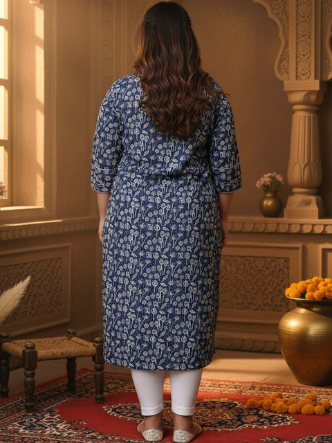 Sztori Floral Printed Cotton Round Neck Kurta - Image 3