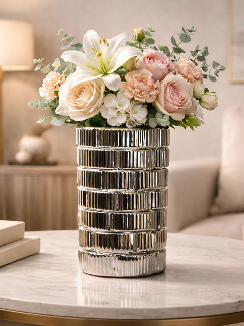 Art Street Modern Ribbed Silver Ceramic for Home Decor Flower Vase