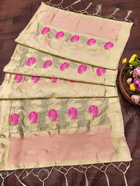 DEVANGI Floral Embroidered Banarasi Silk Dupatta With Zari - Image 4
