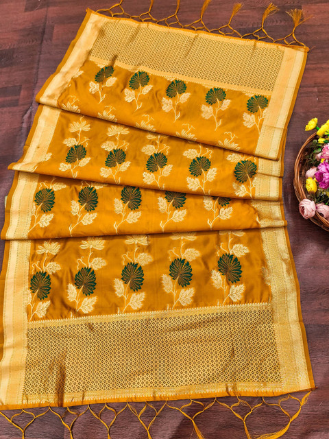 DEVANGI Floral Woven Design Banarasi Silk Dupatta With Zari