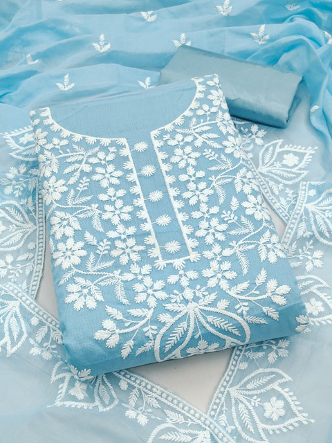 Dhaaga Ghar Blue Chanderi Cotton Embroidery Work Unstitched Dress Material