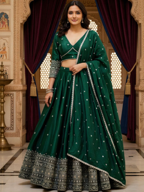 KRYSAL Embroidered Semi-Stitched Lehenga & Unstitched Blouse With Dupatta