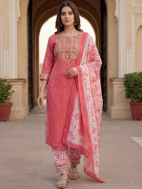Balyx Women Ethnic Motifs Printed Regular Thread Work Kurta with Trousers & With Dupatta