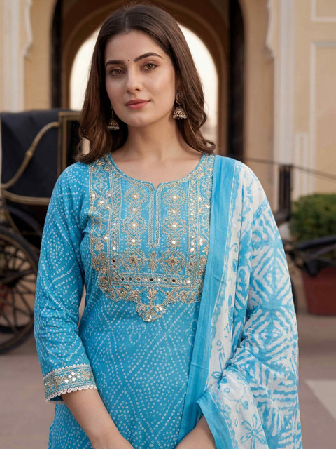 Balyx Women Ethnic Motifs Printed Regular Thread Work Kurta with Trousers & With Dupatta - Image 5