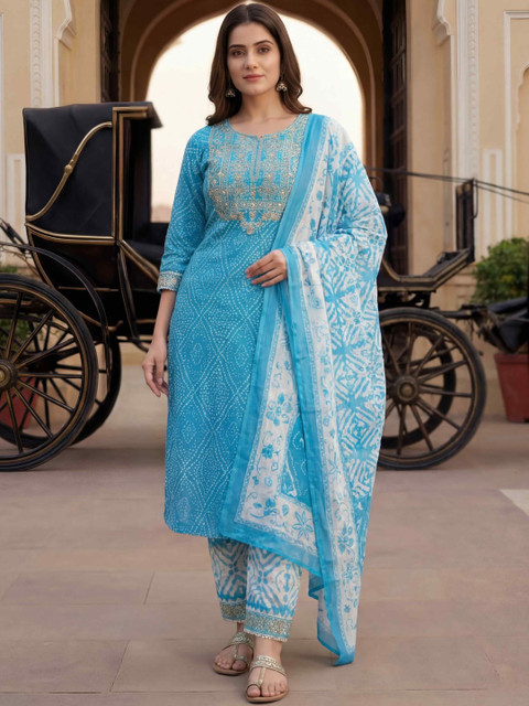 Balyx Women Ethnic Motifs Printed Regular Thread Work Kurta with Trousers & With Dupatta - Image 4