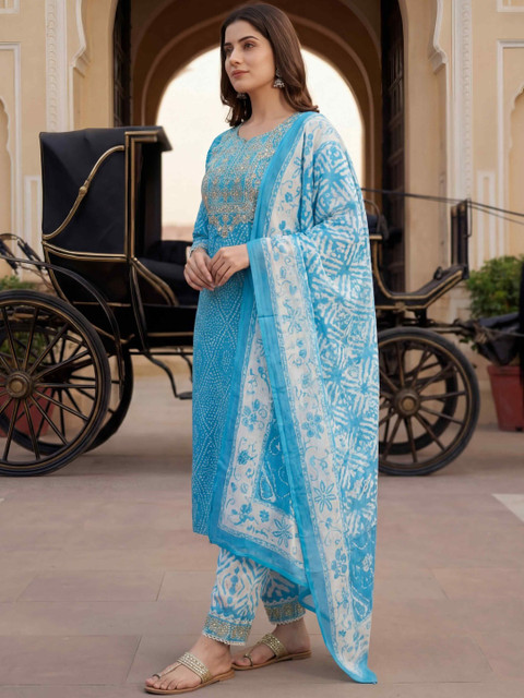 Balyx Women Ethnic Motifs Printed Regular Thread Work Kurta with Trousers & With Dupatta - Image 3