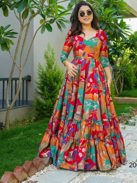 STRANIYAR3 Floral Printed Ruffled Cotton Fit & Flare Maxi Dress