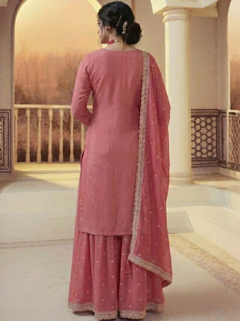 Flossy Women Embroidered Thread Work Kurta with Sharara & With Dupatta - Image 4