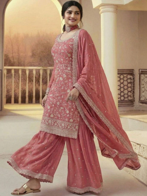 Flossy Women Embroidered Thread Work Kurta with Sharara & With Dupatta