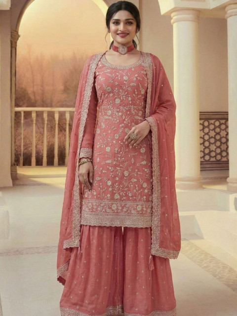 Flossy Women Embroidered Thread Work Kurta with Sharara & With Dupatta - Image 2