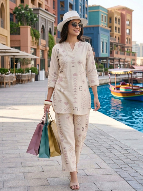 KALINI Women Pink Geometric Printed Pure Cotton Ethnic Co-ord Set