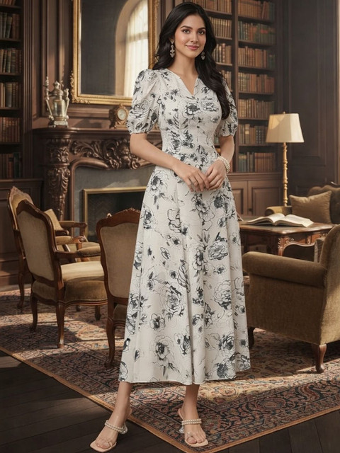 WEAR BELIEF Women Floral Print Puff Sleeve Dress