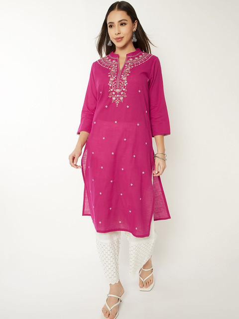 max Floral Embroidered Mandarin Collar Thread Work Pure Cotton Straight Kurta