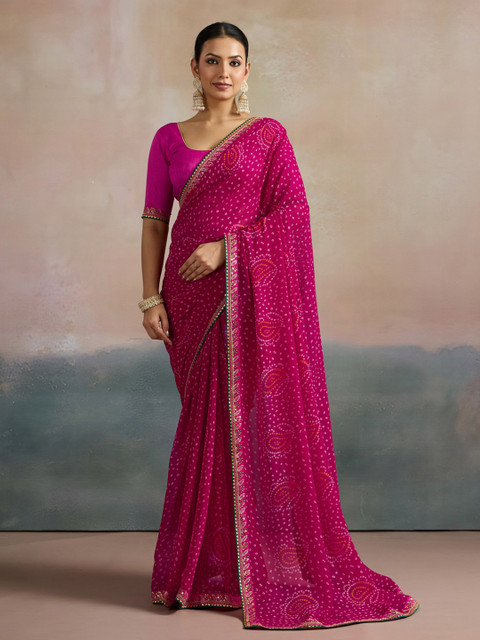 Mitera Bandhani Printed Sequinned Pure Georgette Bandhani Saree