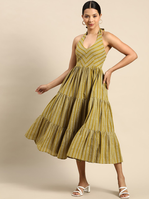 anayna Ethnic Motifs Printed Smocked Fit & Flare Midi Dress