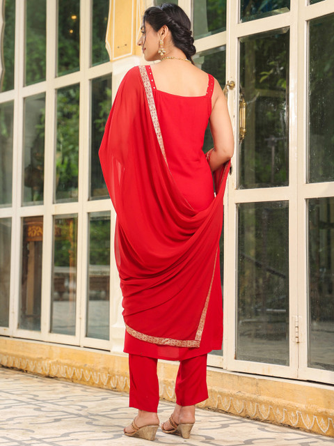 Janasya Women's Pink Georgette Embroidered Top With Pant & Cape Set - Image 5