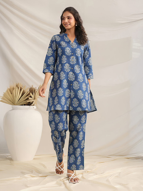 Janasya Floral Printed Mandarin Collar Pure Cotton Straight Co-Ords