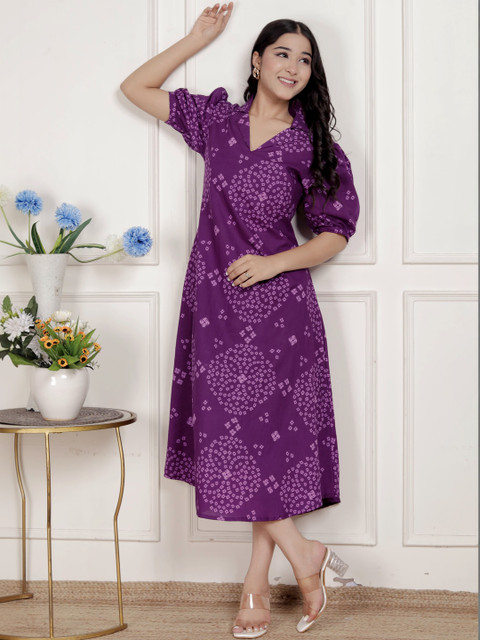 HERE&NOW Printed A-Line Midi Dress