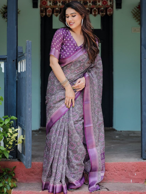 RUDRAKSH1991 Ethnic Motifs Woven Design Zardozi Pure Linen Saree