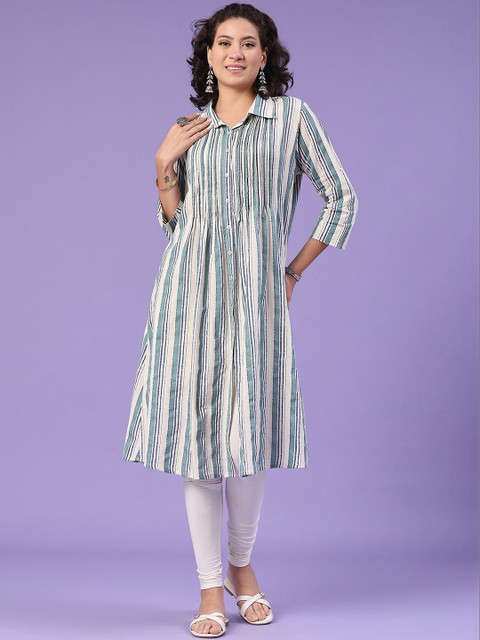 LIMEROAD Women Striped Shirt Collar Straight Cotton Kurta