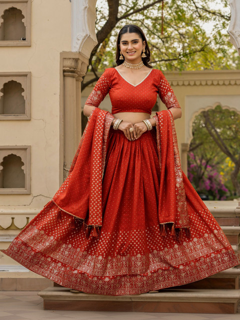 GULDORI Beads & Stones Embroidered Semi-Stitched Lehenga & Unstitched Blouse With Dupatta