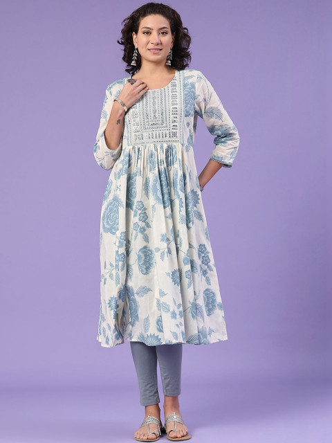 LIMEROAD Women Floral Printed V-Neck Cotton Kurta