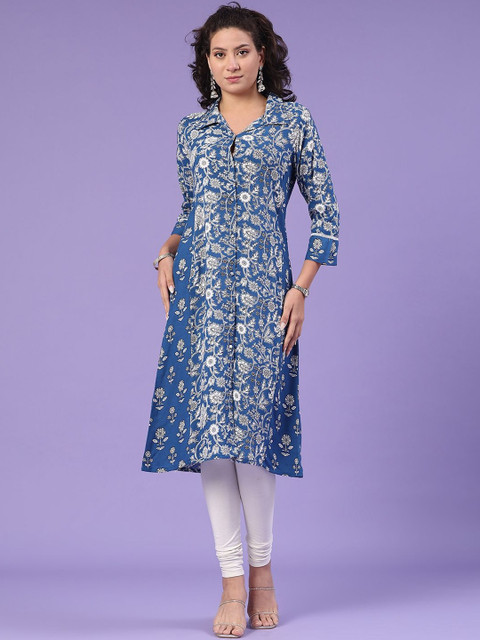 LIMEROAD Women Floral Embroidered Shirt Collar Sequined Straight Kurta