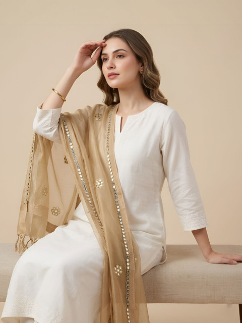 MUFFLY Woven Design Organza Dupatta with Mirror Work - Image 2