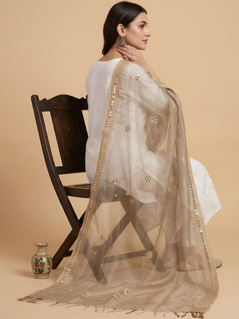 MUFFLY Woven Design Organza Dupatta with Mirror Work - Image 3