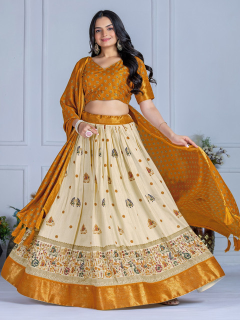 TAJOO Printed Ready to Wear Thread Work Lehenga & Unstitched Blouse With Dupatta - Image 5