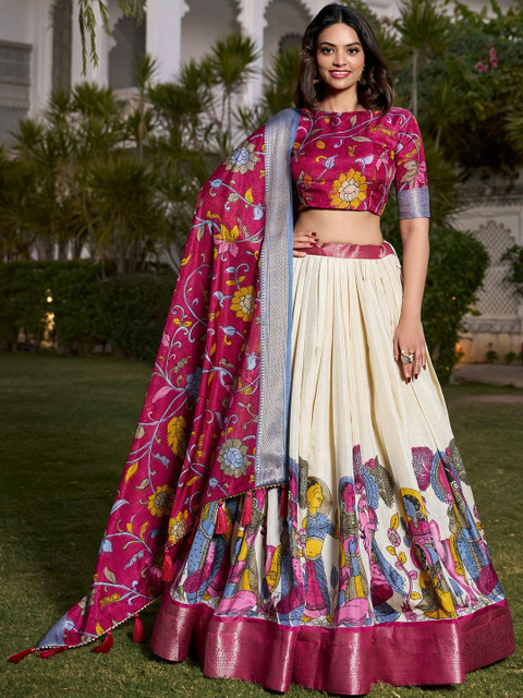 TAJOO Printed Ready to Wear Thread Work Lehenga & Unstitched Blouse With Dupatta