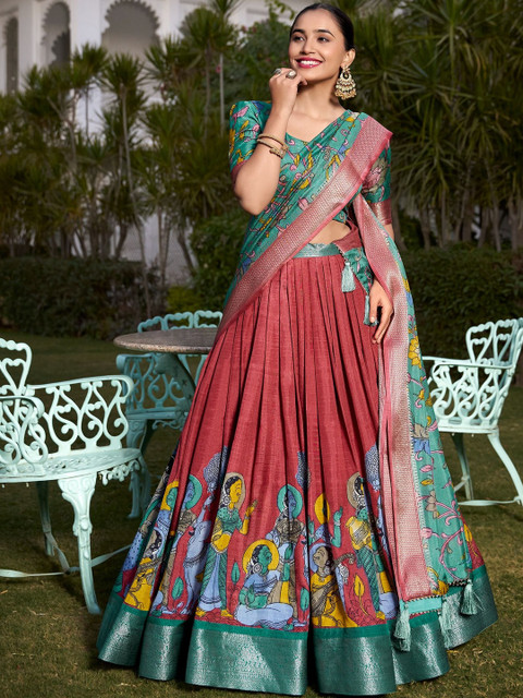 TAJOO Printed Ready to Wear Thread Work Lehenga & Unstitched Blouse With Dupatta