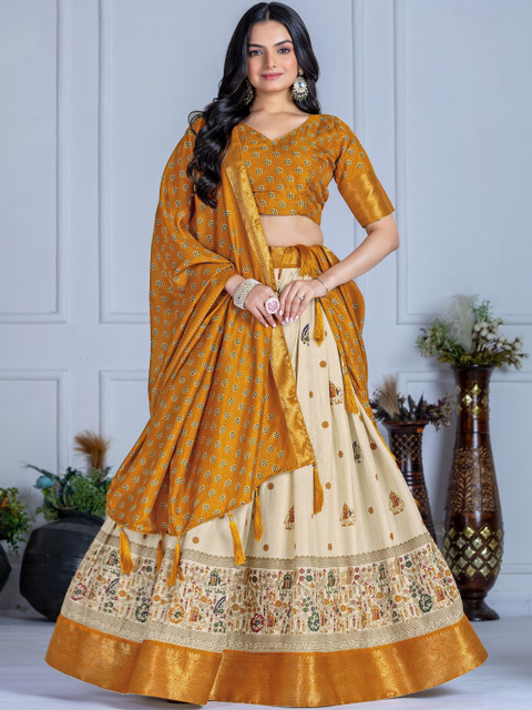 TAJOO Printed Ready to Wear Thread Work Lehenga & Unstitched Blouse With Dupatta