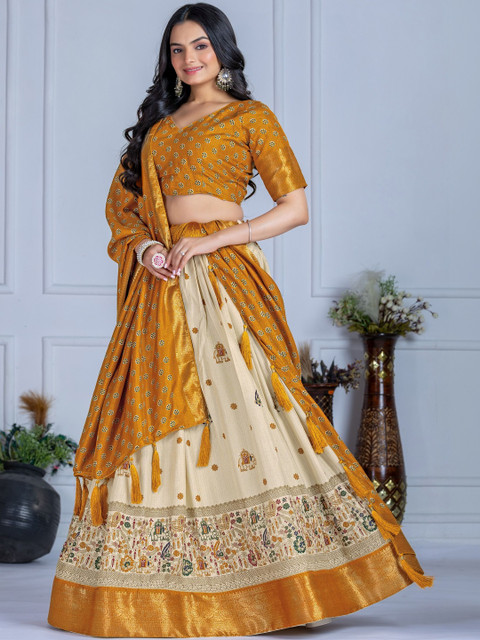 TAJOO Printed Ready to Wear Thread Work Lehenga & Unstitched Blouse With Dupatta - Image 4