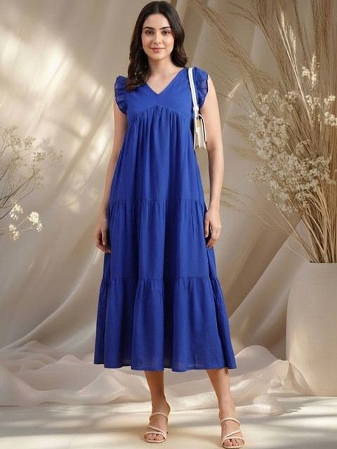 SZN Blue Solid Flutter Sleeve Midi Dress