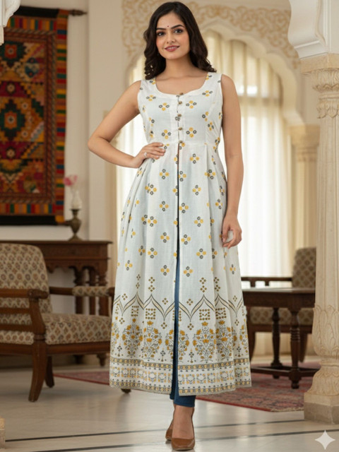ftDiva Floral Printed Round Neck A-Line Kurta