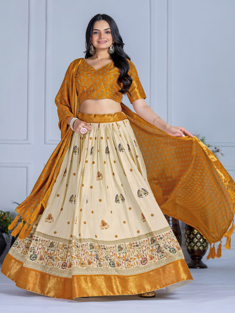 TAJOO Printed Ready to Wear Thread Work Lehenga & Unstitched Blouse With Dupatta - Image 6