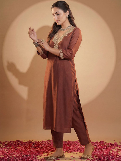 Indo Era Brown Embroidered Straight Co-Ords Set - Image 3