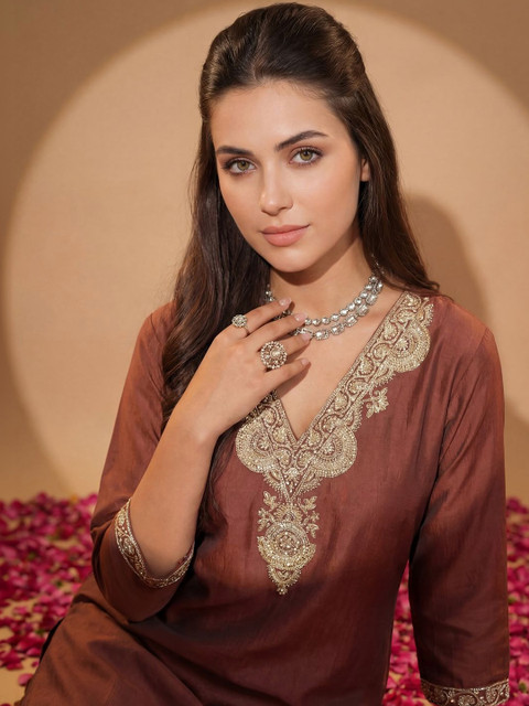 Indo Era Brown Embroidered Straight Co-Ords Set - Image 2