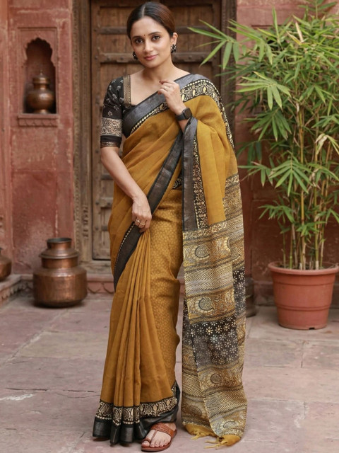 KALINI Linen Blend Designer Block Print Saree