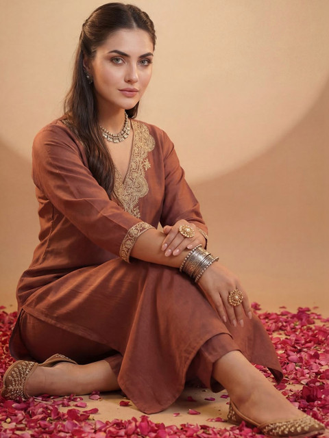 Indo Era Brown Embroidered Straight Co-Ords Set