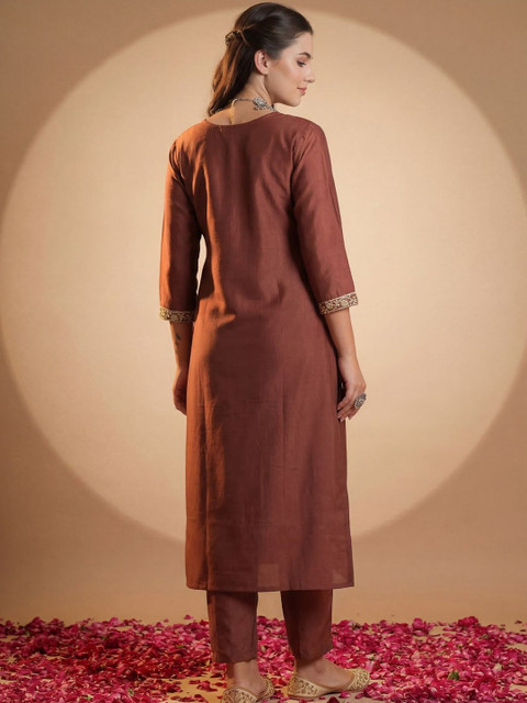 Indo Era Brown Embroidered Straight Co-Ords Set - Image 6