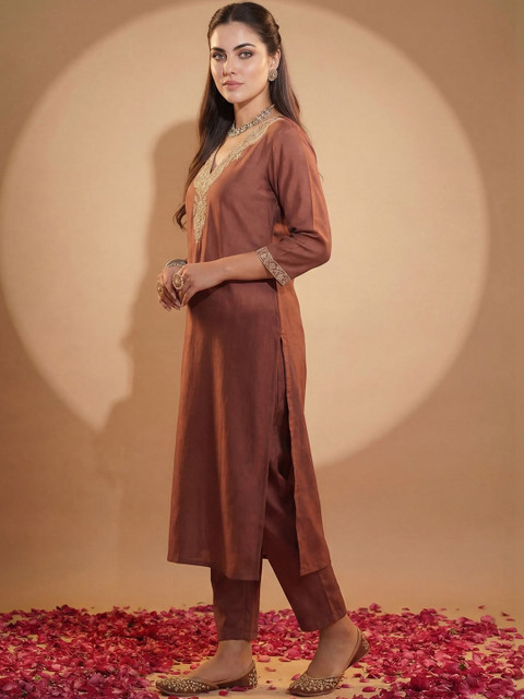 Indo Era Brown Embroidered Straight Co-Ords Set - Image 4