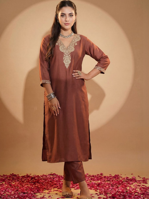 Indo Era Brown Embroidered Straight Co-Ords Set - Image 5