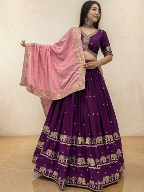 Vetrokart Embroidered Thread Work Semi-Stitched Lehenga & Unstitched Blouse With Dupatta